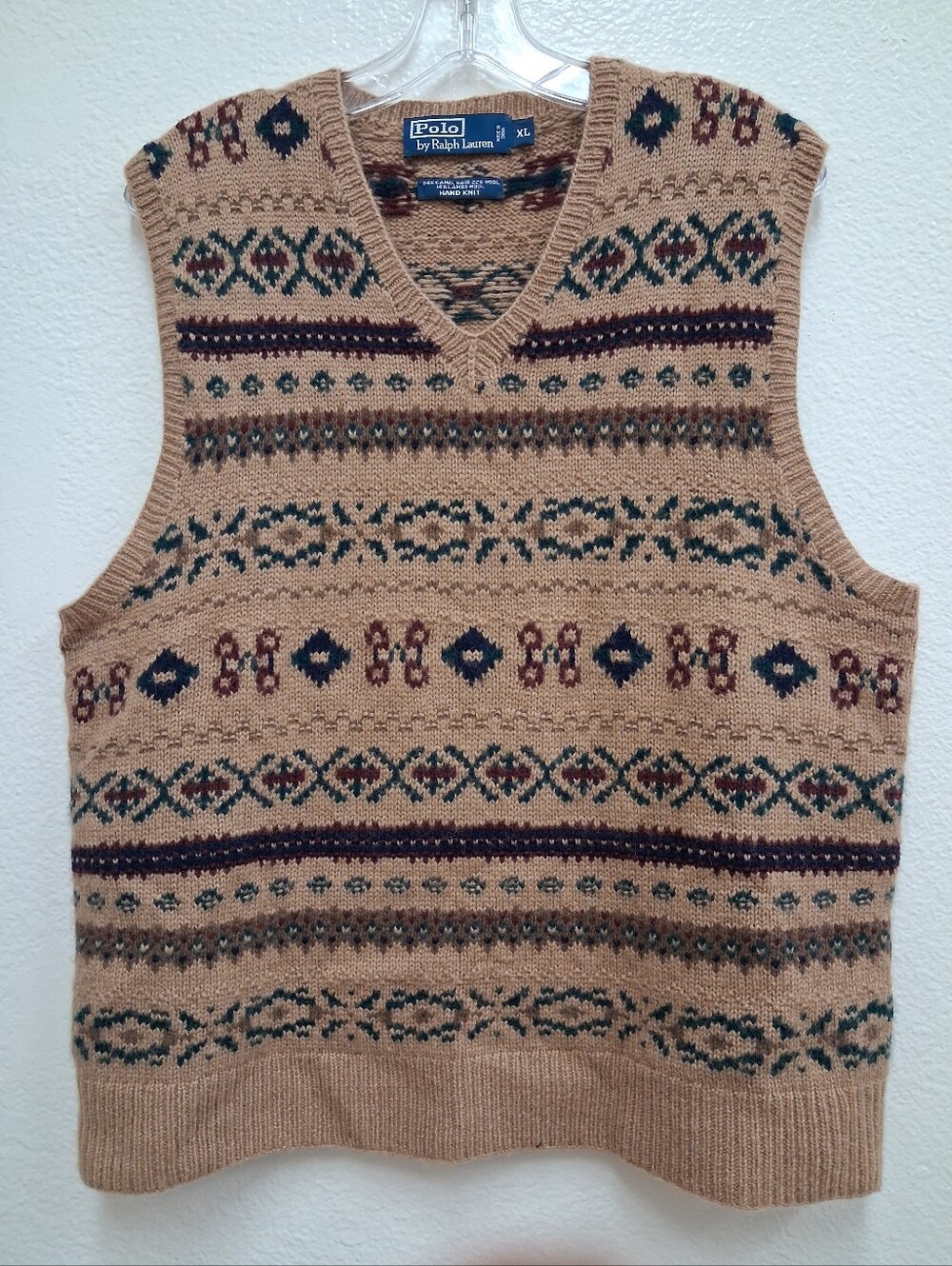 Vintage Polo Ralph Lauren Hand Knit Fair Isle Vest Camel Hair Lambs Wool  XL